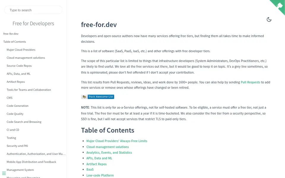 Preview of free-for-dev