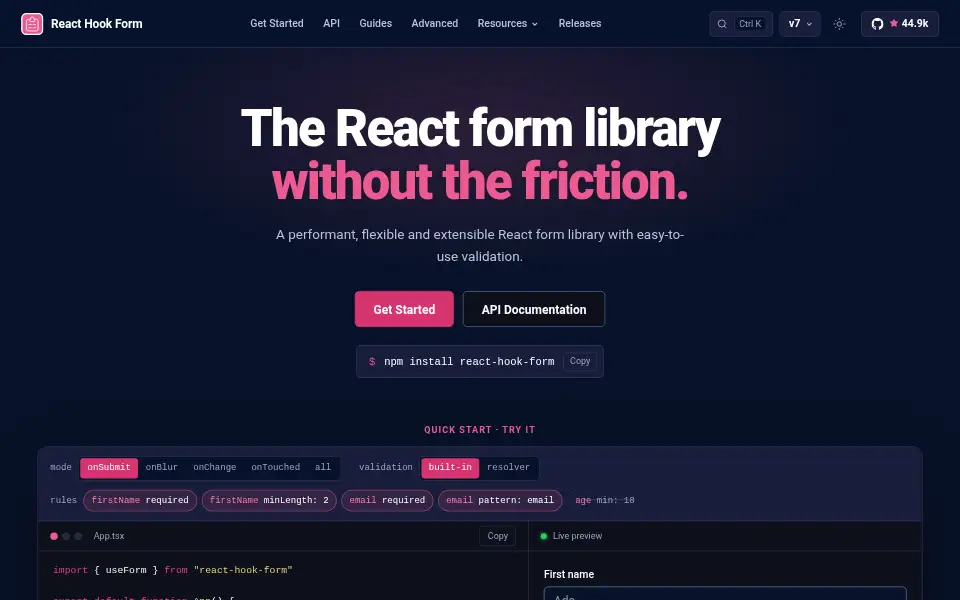 Preview of React Hook Form