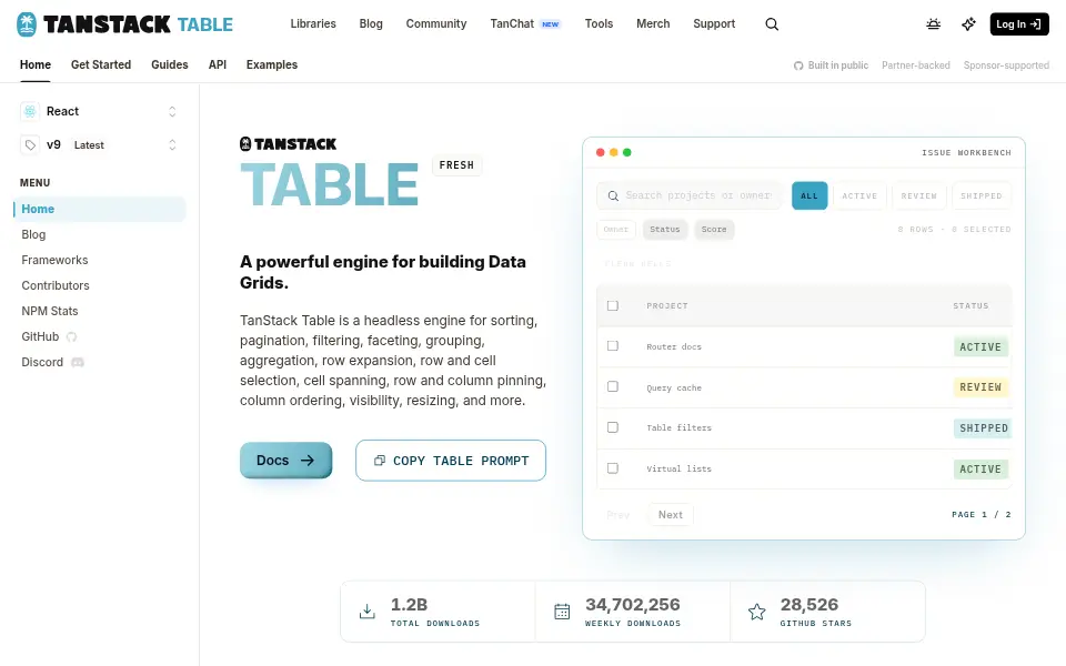 Preview of TanStack Table