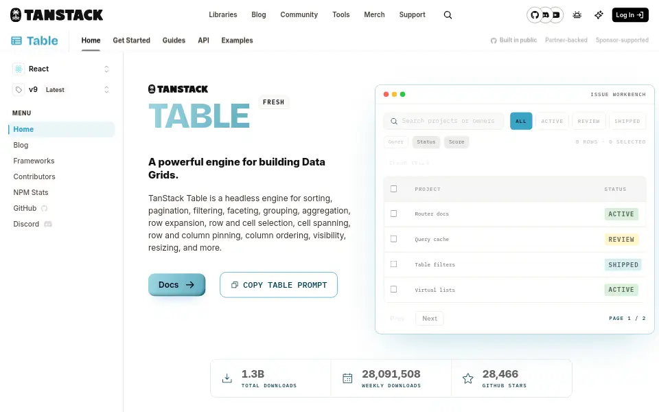 Preview of TanStack Table